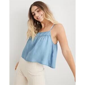 Aerie Light Wash Denim Chambray Babydoll Crop Tank Sz S Flowy Boho Beach Surfer